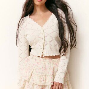 NWT LoveShackFancy Petra Knit Heart Argyle Cardigan Parchment Cream Ivory
